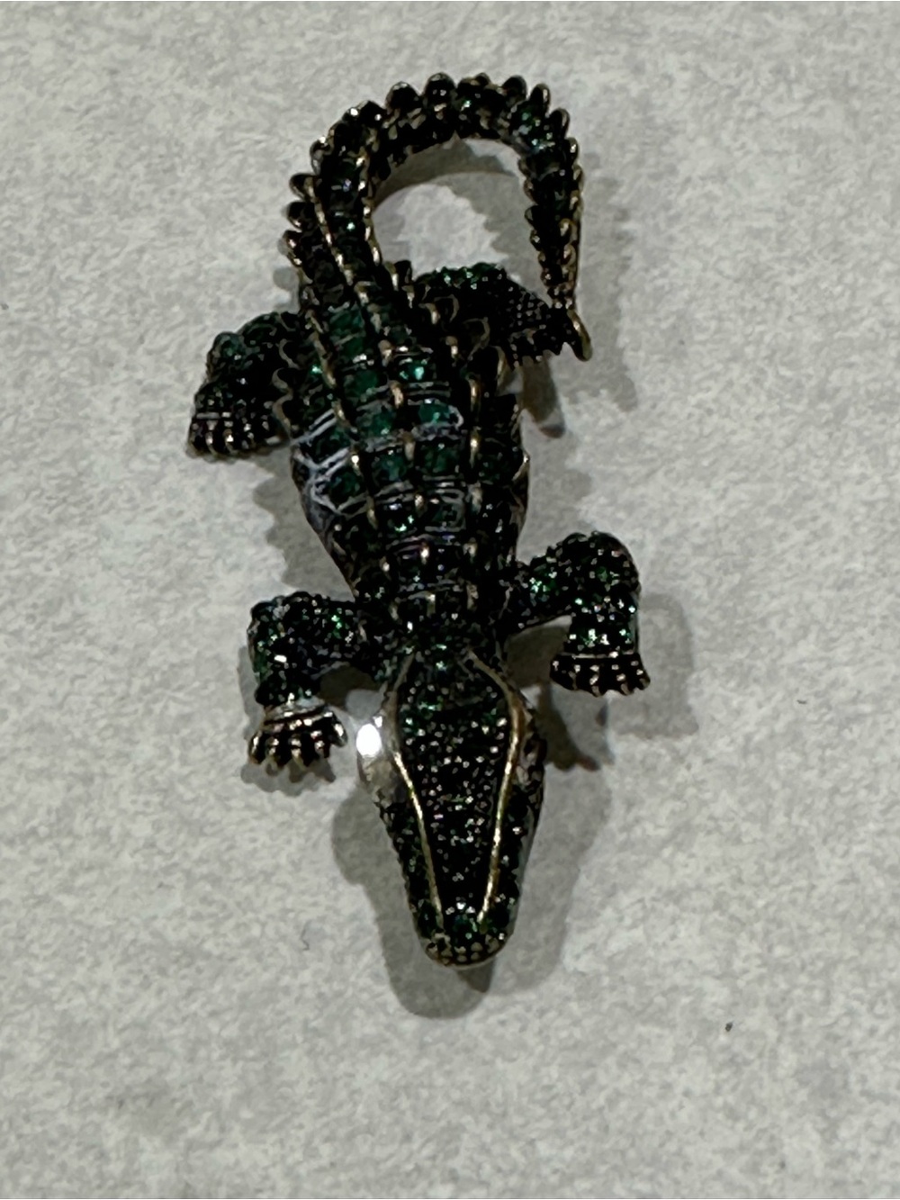 Alligator Pendant Brooch Multi - Colored Green Rhinestones Antique Metal Finish